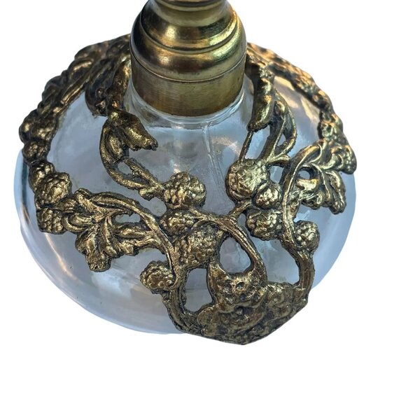 Vintage Ornate Brass & Glass Perfume Bottle With Floral Design - Picture 3 of 6